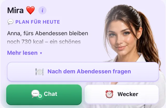Miras Karte „Plan für heute“: was fürs Abendessen übrig ist, mit den Tasten „Nach dem Abendessen fragen“, „Chat“ und „Wecker“