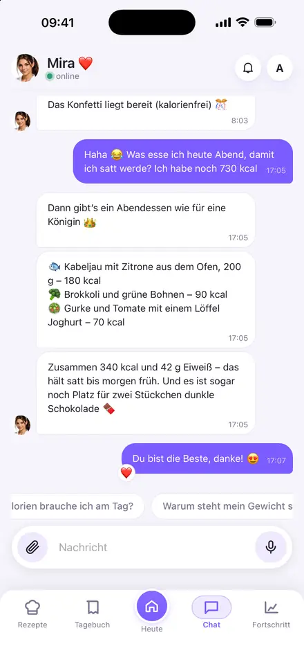 Chat mit Mira: Sie stellt ein Abendessen passend zu den verbleibenden Kalorien zusammen