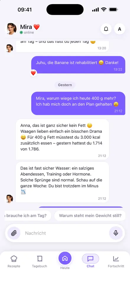 Chat mit Mira: Sie antwortet auf eine Nachricht über eine Gewichtszunahme von 400 g