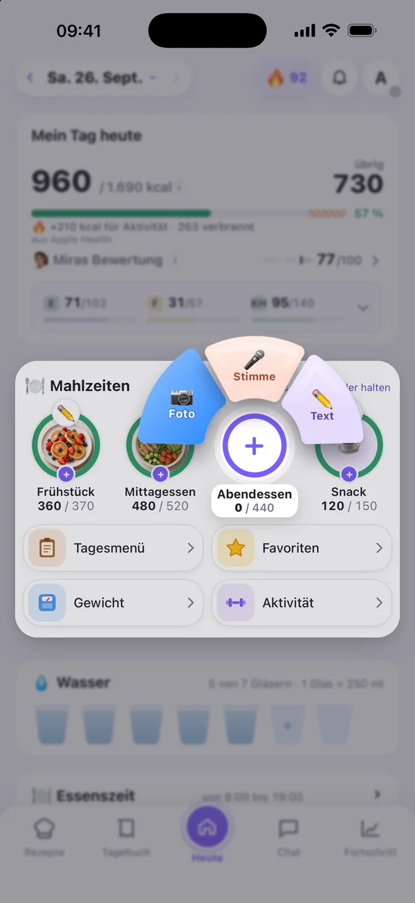 Auf dem Bildschirm „Heute“ ist das Menü zum Hinzufügen des Abendessens geöffnet: Foto, Sprache oder Text; „Foto“ ist ausgewählt