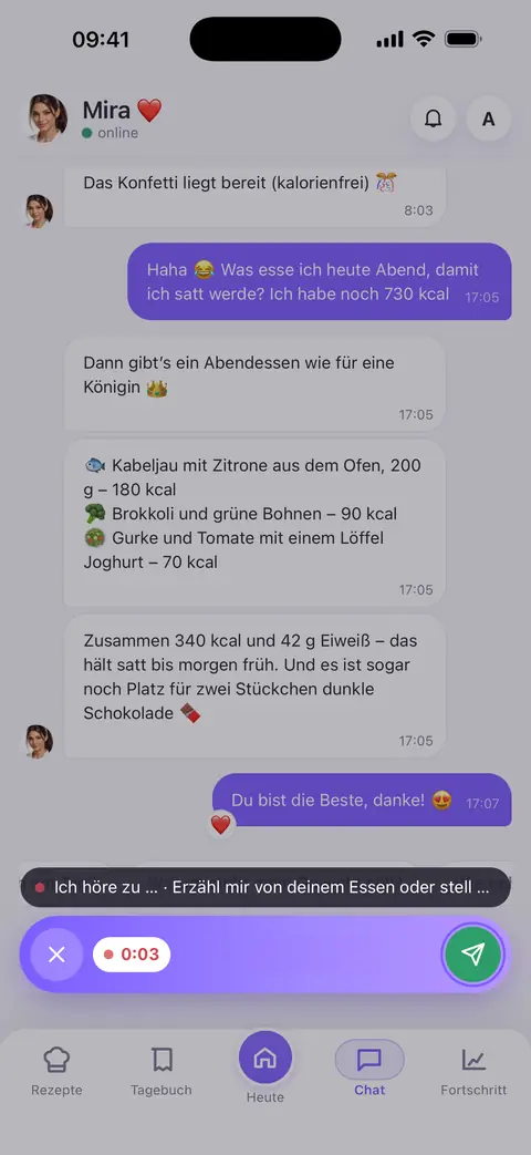 Chat mit Mira: Sprachnachricht wird aufgenommen