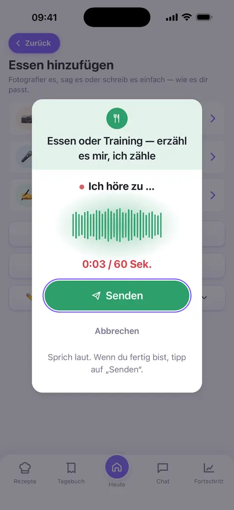 Spracheingabe in Mira: „Ich höre zu…“, eine Schallwelle und die Schaltfläche „Senden“