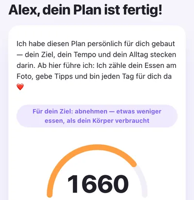Bildschirm „Dein Plan ist fertig“: 1.660 kcal pro Tag mit Eiweiß, Fett und Kohlenhydraten