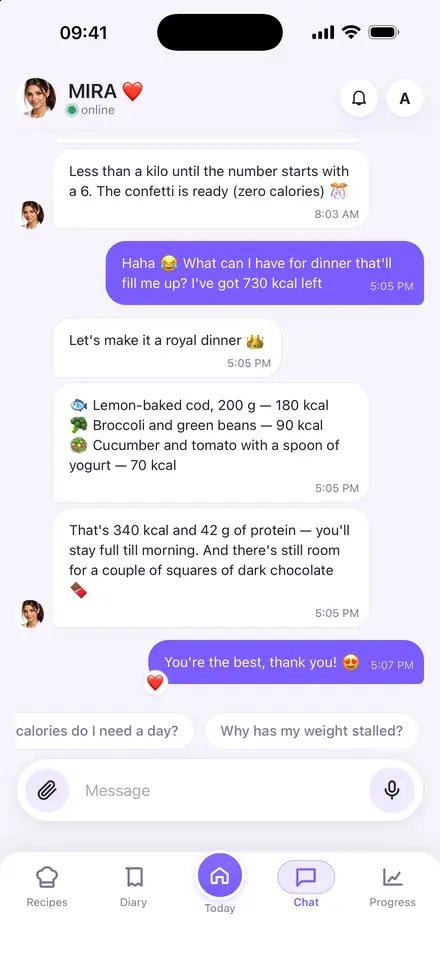 Chat with Mira: she suggests a dinner that fits the remaining calories