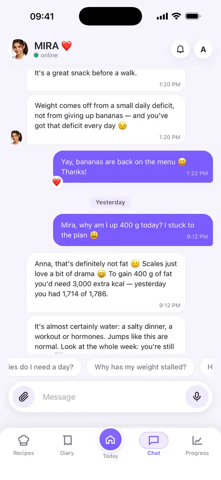 Chat with Mira: she responds to a message about a 400 g weight increase