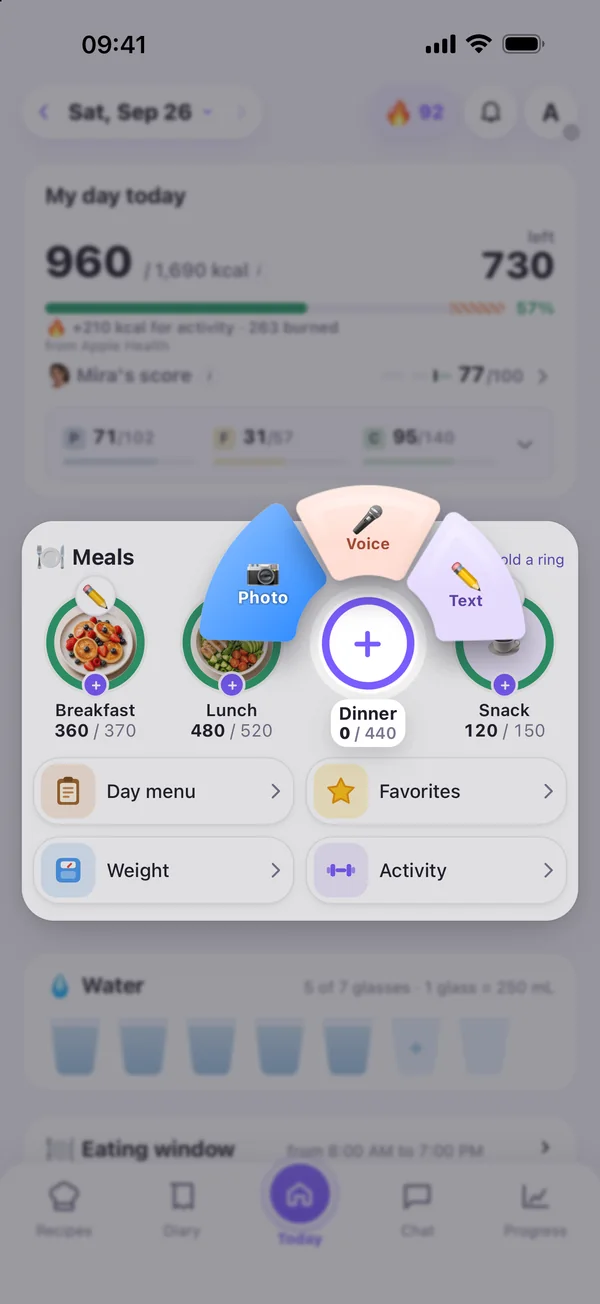 The Today screen with the menu for adding dinner open: photo, voice or text, with Photo selected