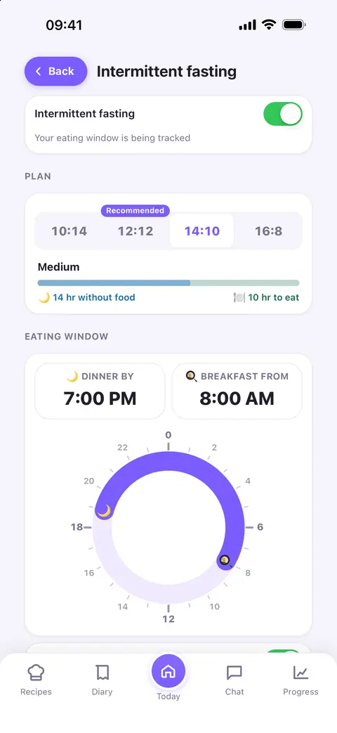 Intermittent fasting settings: plans from 10:14 to 16:8 and a circular control for choosing eating hours