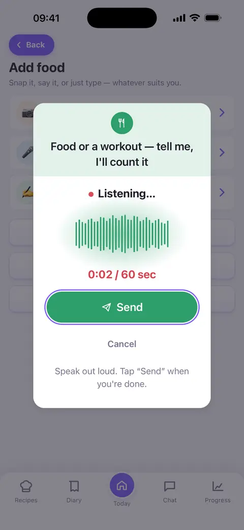 Voice entry in Mira: “Listening…”, a sound wave and a Send button