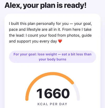 “Your plan is ready” screen: 1,660 kcal a day with protein, fat and carbs