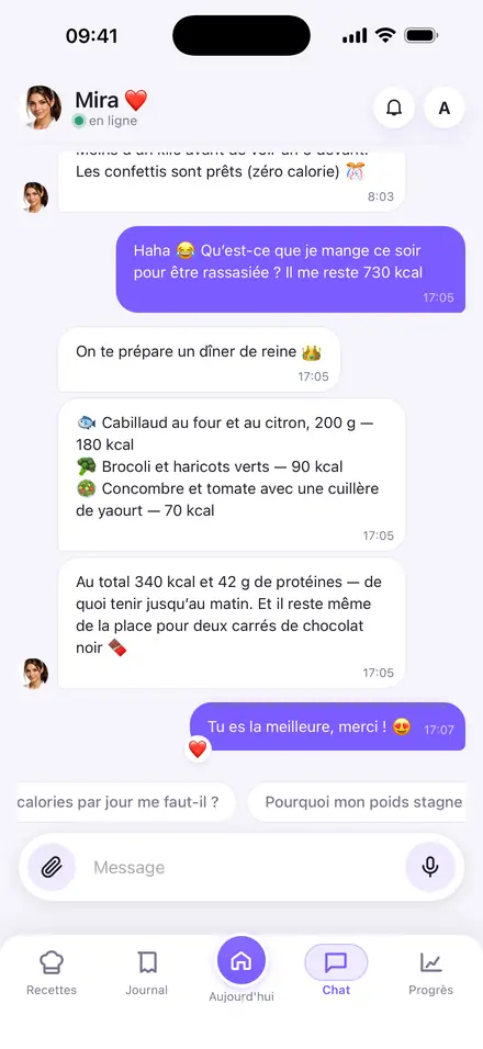 Conversation avec Mira : elle propose un dîner adapté aux calories restantes