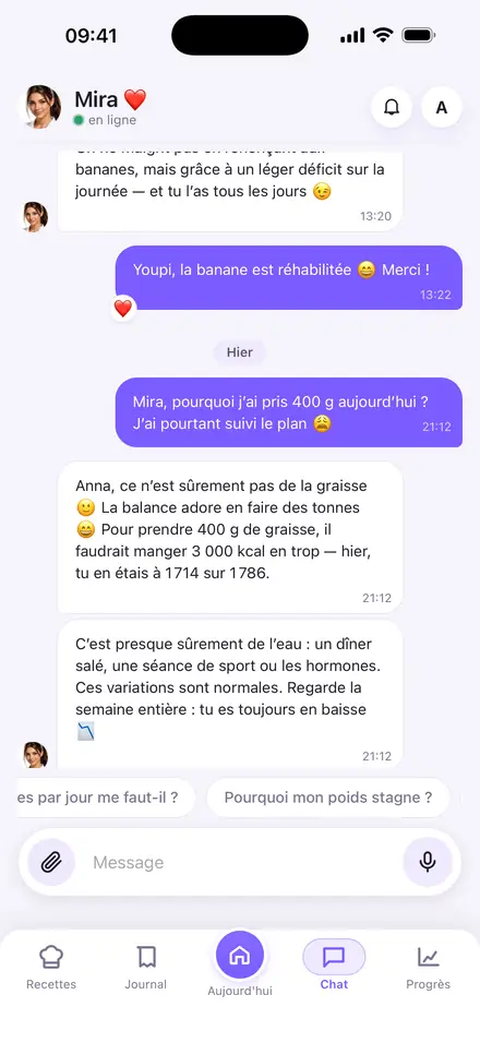 Conversation avec Mira : elle répond à un message signalant une prise de poids de 400 g