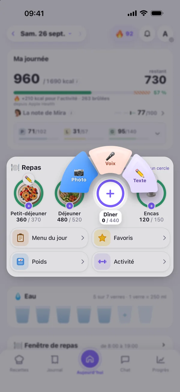 Écran «&nbsp;Aujourd’hui&nbsp;» avec le menu d’ajout du dîner ouvert&nbsp;: photo, voix ou texte&nbsp;; l’option Photo est sélectionnée