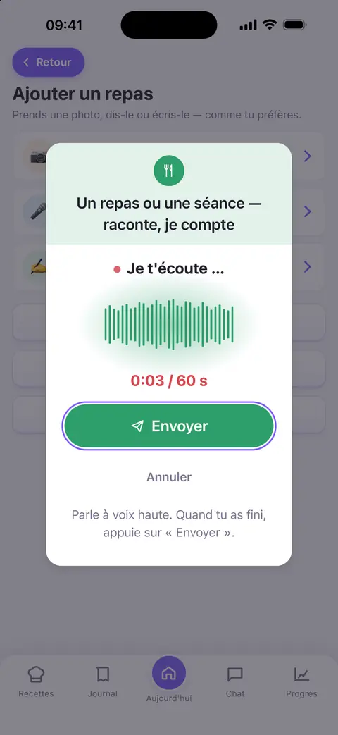 Saisie vocale dans Mira&nbsp;: «&nbsp;Je t’écoute…&nbsp;», une onde sonore et le bouton «&nbsp;Envoyer&nbsp;»