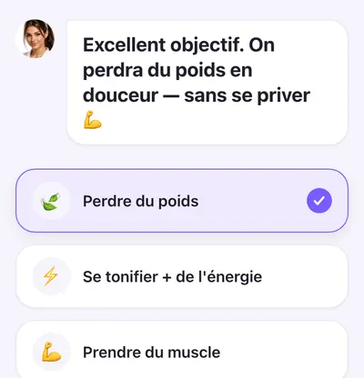 Questionnaire de Mira&nbsp;: objectif «&nbsp;Perdre du poids&nbsp;» choisi