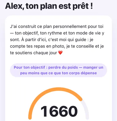Écran « Ton plan est prêt » : 1 660 kcal par jour, protéines, lipides et glucides