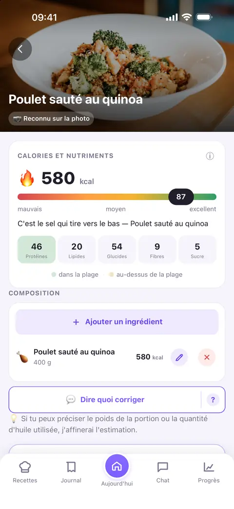 Résultat affichant le plat, les calories, les protéines, les lipides, les glucides, les fibres et le sucre