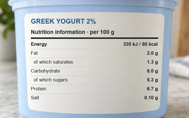 Nutrition information on a tub of Greek yogurt 2%, per 100 g