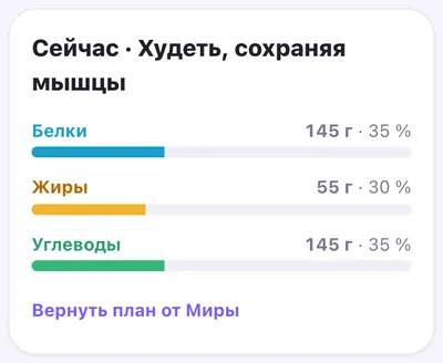 План питания «Худеть, сохраняя мышцы»: белки 35 %, жиры 30 %, углеводы 35 %