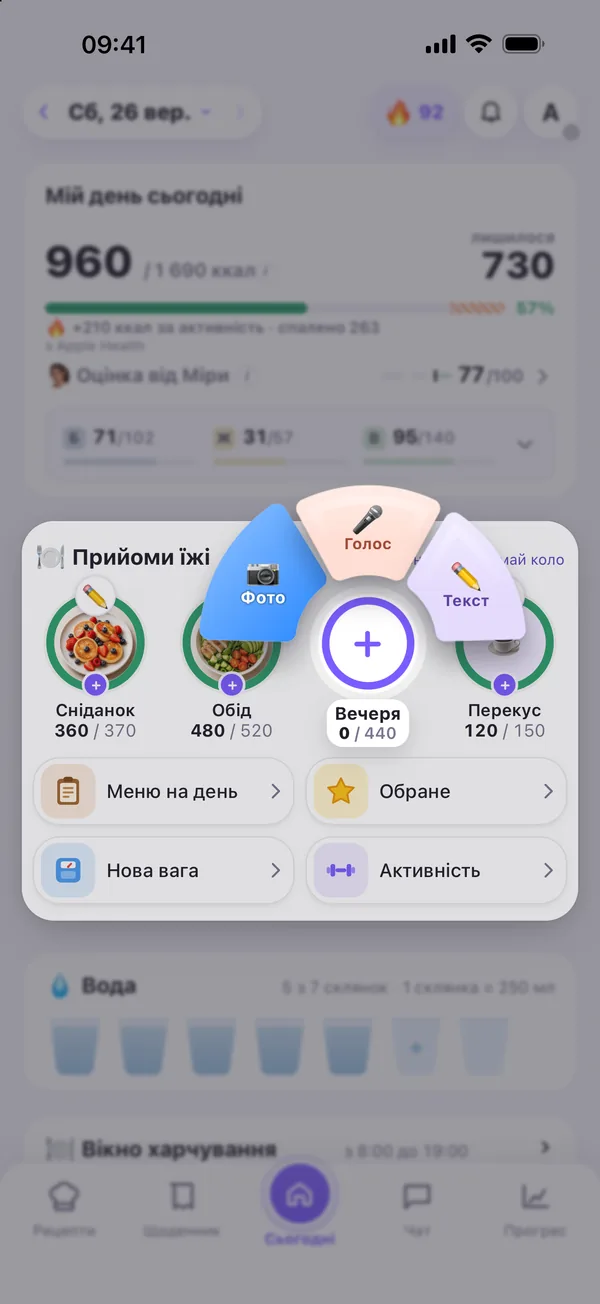 На екрані «Сьогодні» відкрито меню додавання вечері: фото, голос або текст; вибрано «Фото»