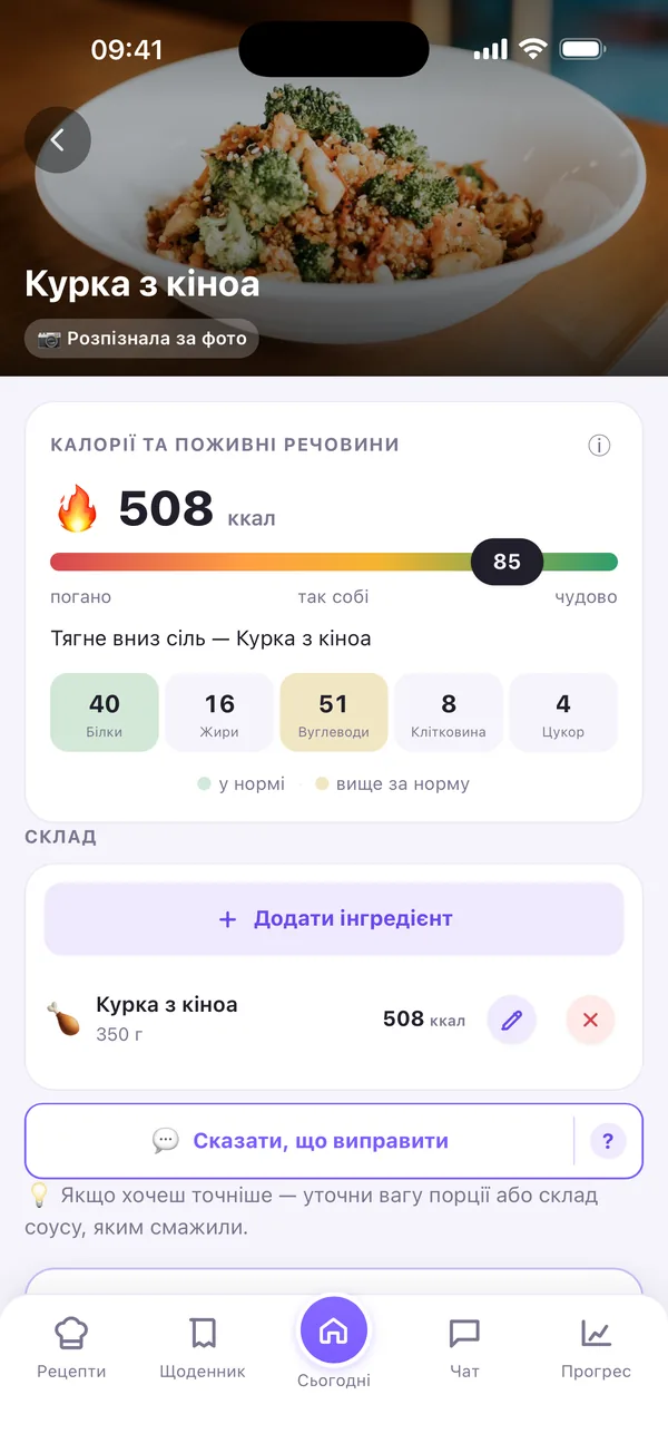 Результат аналізу фото: розпізнана страва, оцінка порції, калорії, білки, жири, вуглеводи, клітковина та цукор